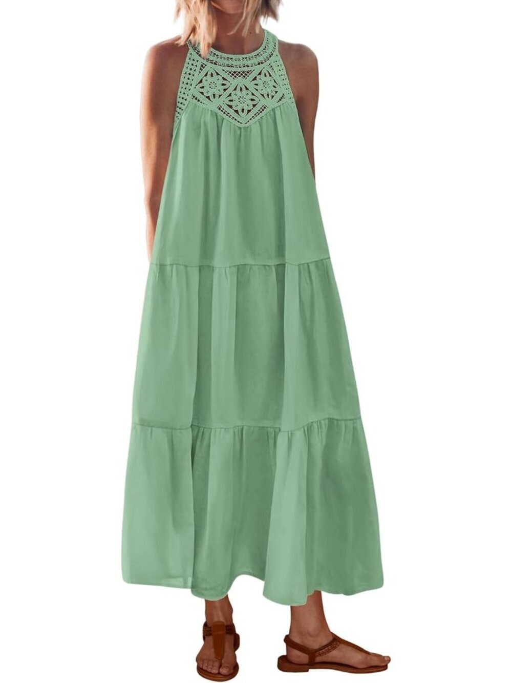 Women's Bean Green Sleeveless Halter Neck Loose Fit Casual Imported Maxi Dress